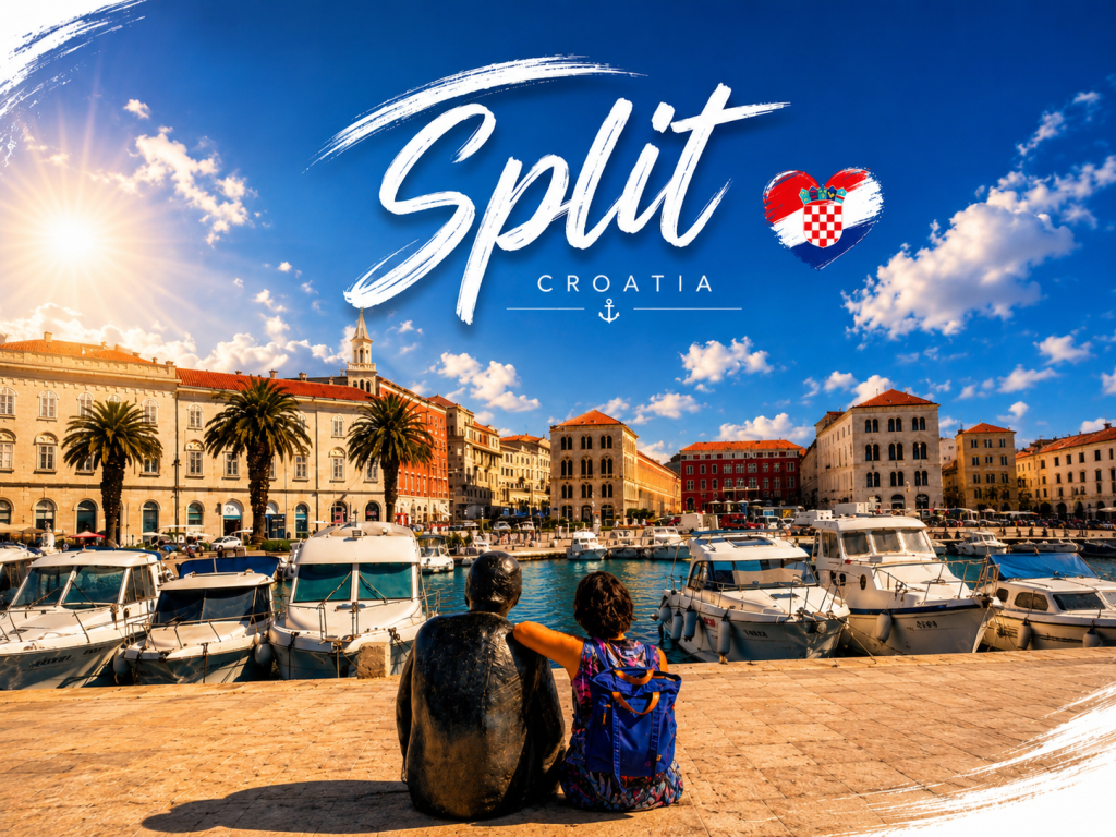 mi KI generiertes Titelbild. Eine Frau sitzt neben einer Statue und schaut über den Fischerhafen auf die Häuser von Split